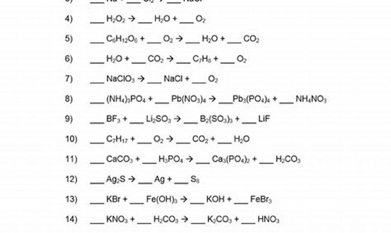 Balancing Chemical Equations Exercises With Answers