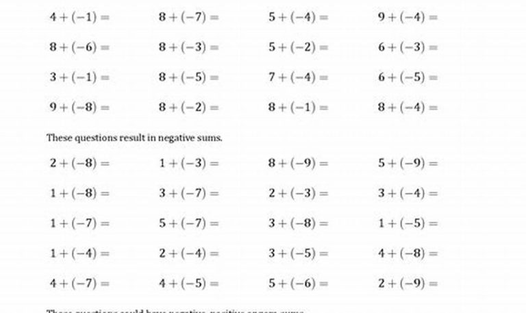 Negative Numbers Worksheet Year 7