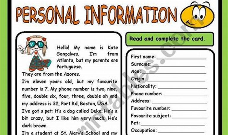 Personal Information Worksheet For Students