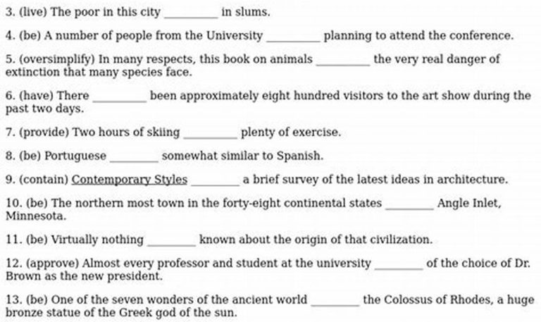 Subject Verb Agreement Worksheets For Grade 8 With Answers