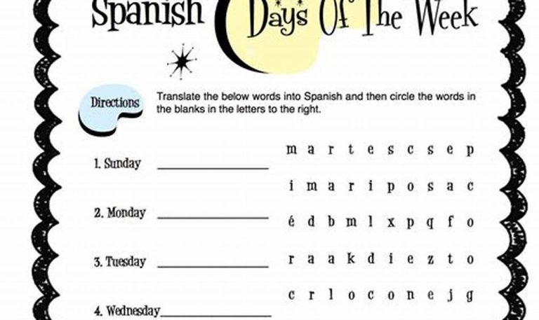 Spanish Days Of The Week Worksheet Free Printable