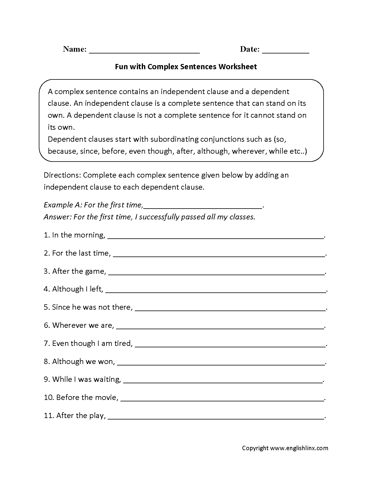 Complex Sentences Worksheet