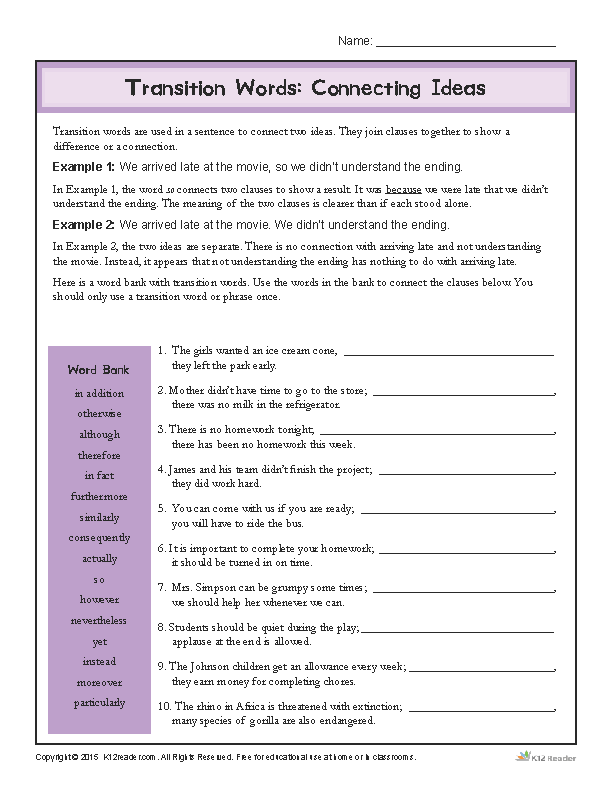 Transition Words Worksheet